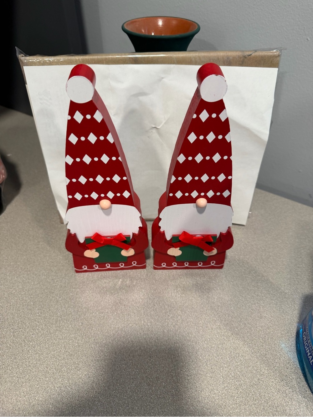 Pier 1 import Christmas Decor Table Top Gnomes wooden Statute set of 2